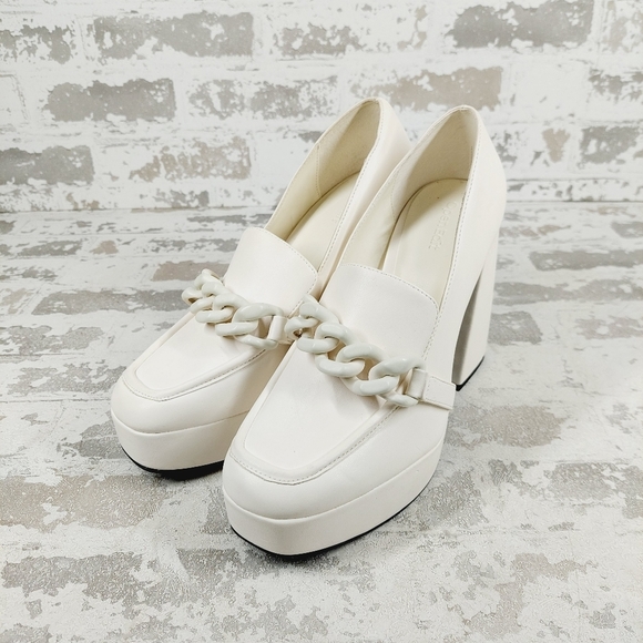 New Open Edit Women White Round Toe Chain Chunky Mid Platform Heels Shoes B501 - Picture 2 of 16